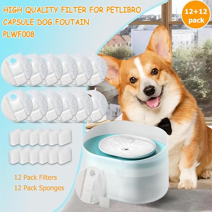 12 Pack Dog Water Fountain Replacement Filters for Petlibro Capsule Dog Fountain PLWF008,Pet libro filters with Replacement Pre-Filter Pump Sponges.