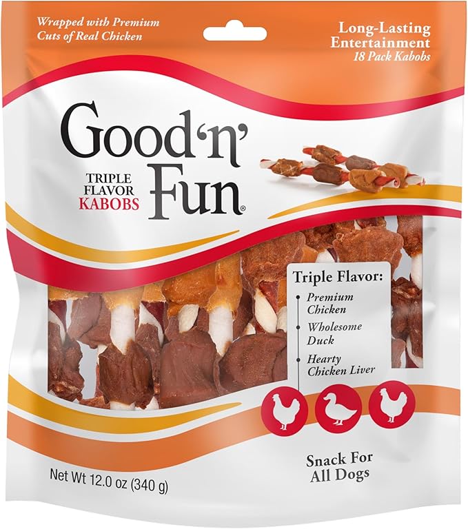 Good'n'Fun Triple Flavored Rawhide Kabobs for Dogs, Treat Your Dog 12-Ounce | 18 Count