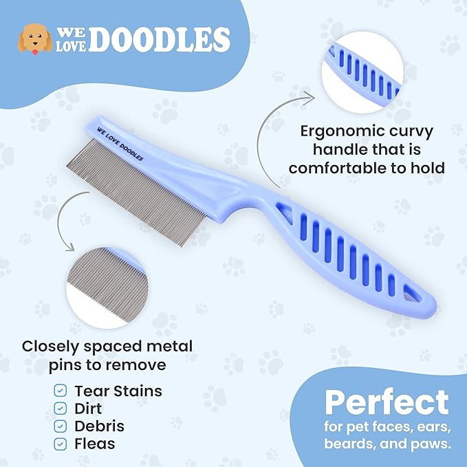 Dog Face Comb, Flea Comb for Dogs, Fine Tooth Tear Stain Remover, Removes Crust, Mucus, and Stains, Face Brush for Poodles & Other Breeds, Grooming Comb for Pets, Large + Small [We Love Doodles]