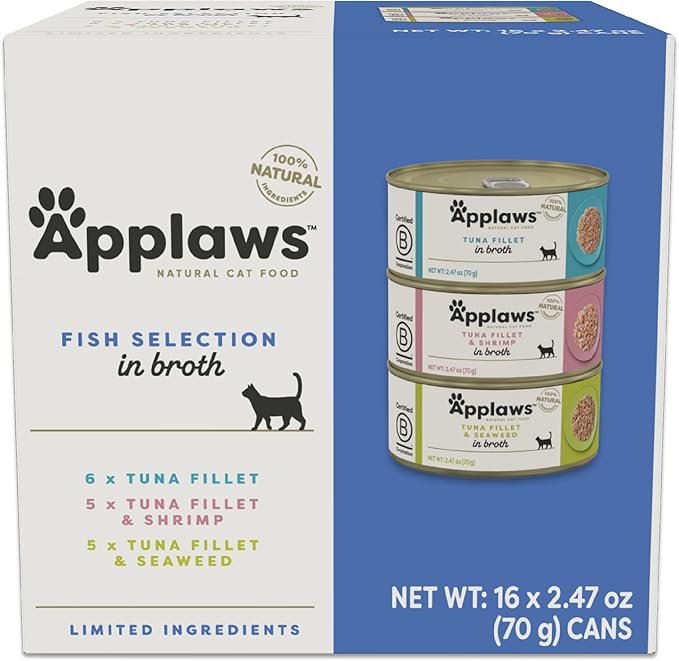 Applaws Natural Wet Canned Cat Food, Limited and Natural Ingredients, High Protein with No Artificial Additives, Fish Selection Variety Pack in Broth (16 x 2.47oz Cans)