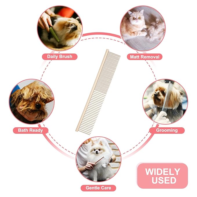 Dog Cat Comb, Pet Combs Stainless Steel Teeth with Rounded Ends for Knots Mats Loose Hair Removal, 7.5IN (Gold Coated, 3 Pack), Grooming Tool Intended for Long Curly Hair Pet