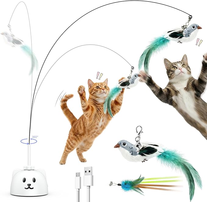 Interactive Cat Toys for Indoor Cats - Automatic Flying Bird Feather Toy, USB Rechargeable Electric Cat Teaser with Strong Suction Base, Smart Motion Activated Self-Play Enrichment Toy for Bored Cats