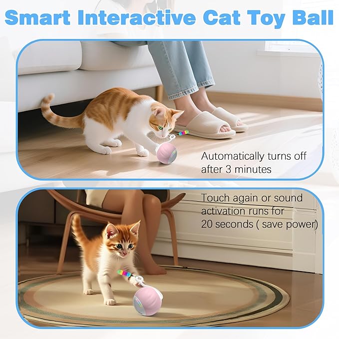Interactive Cat Toy for Indoor (Sounds&Touch Control) Smart Cat Toys - Automatic Moving Cat Ball Toy - Fast Slow 2Speed with Feathers Tail&Lights for Kittens, Older Cats, Bored Cats, USB Rechargeable