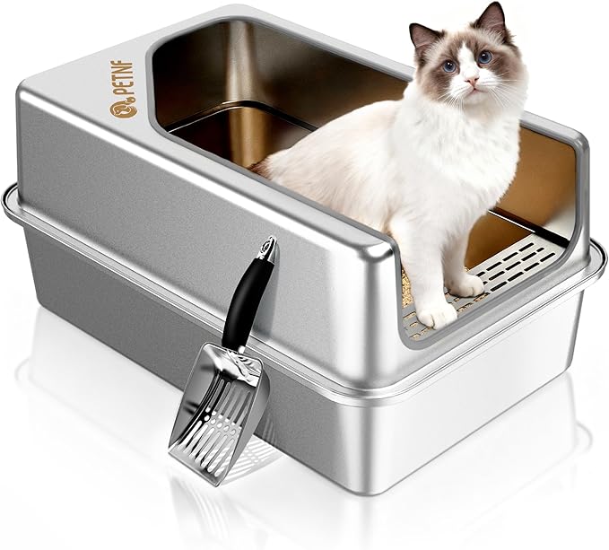 PETNF All Metal Cat Litter Box - All Stainless Steel Litter Box, Odor-Free Large Capacity with Included Litter Scoop, Leak-Proof High-Sided, Easy-to-Maintain for Big Cats & Multi-Cat Homes (1 Pack)