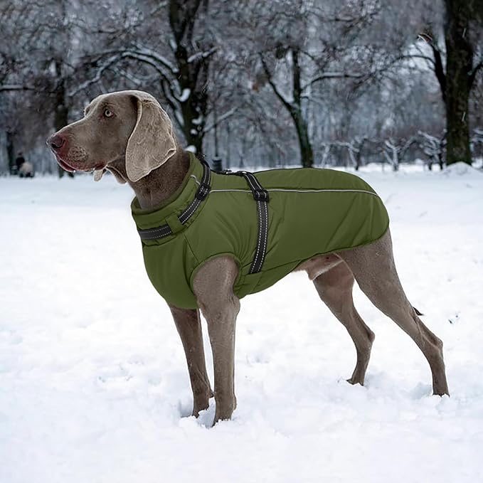 Lelepet Dog Coat for Large Dogs Waterproof Dog Jacket with Harness Built in Reflective Fleece Jacket with Zip Cold Weather Coats for Dogs Cozy Thermal Pet Snowsuit, Weimaraner, Army Green, XXL