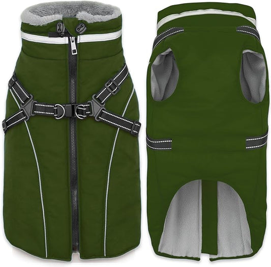 Fragralley Dog Coat with Harness Built in, Waterproof Windproof Reflective Warm Puffer Jacket, Fleece Lined Vest Winter Parka for Small, Medium, Large Dogs