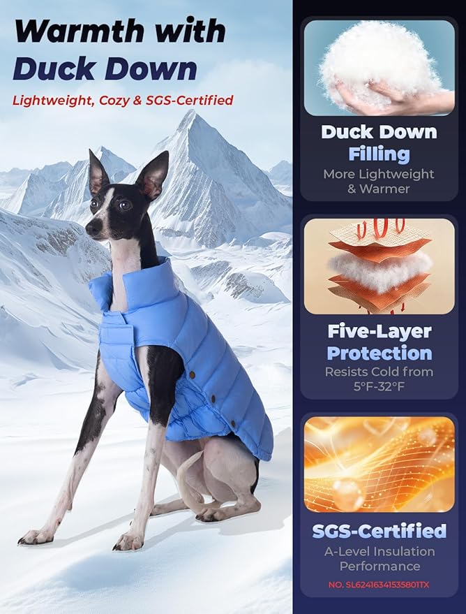 SPACE LION Dog Puffer Jacket, Down Winter Coat, Durable Outdoor Coat for Cold and Windy Conditions, Lightweight & Adjustable Fit Coats for Large Dogs,(Blue, Size28/4XL)