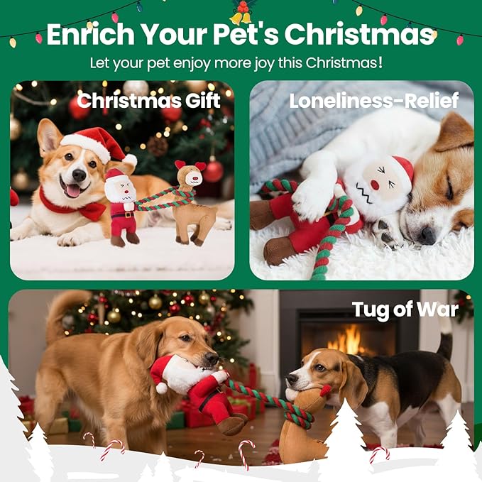 UNISE Christmas Dog Toys, Plush Squeaky Dog Toys for Large, Medium, Small Breeds with Detachable Rope to Keep Them Busy & Reduce Boredom