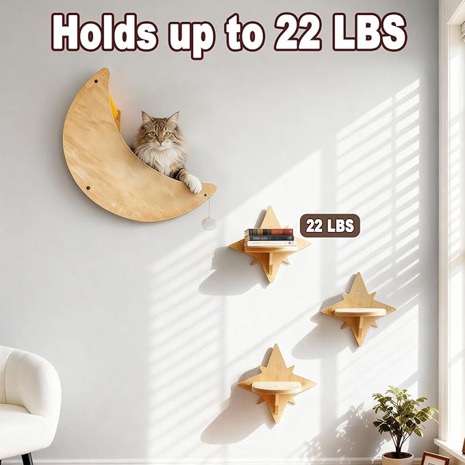 Cat Wall Shelves, Moon and Star Cat Wall Furniture for Indoor, Multi-Level Wooden Climbing Set with Cute Toys