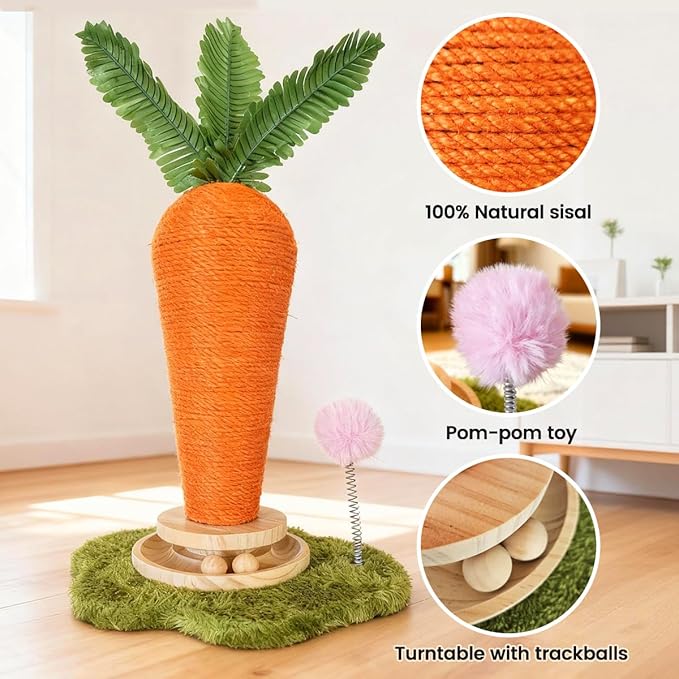 Carrot Cat Scratching Post and Wall Mounted Scratching Mat, Cute Tall Scratching Post,Indoor Nature Sisal Cat Scratcher for Cats and Kittens