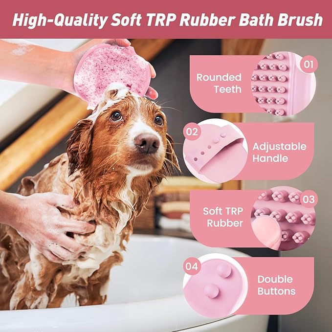 Pet Shower & Bath Supplies，Dog Shampoo Brush Set with Towel, Washing Gloves,Comb for Dogs and Cats (large pink)