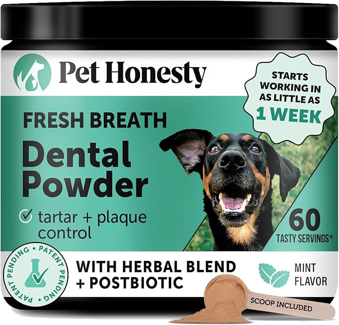 Dog Breath Freshener Dental Powder for Teeth Cleaning Plaque Off, Dental Care for Large Dogs, Tartar Remover for Teeth with Natural Herbal Blend + Postbiotics (Mint - 60 Servings)