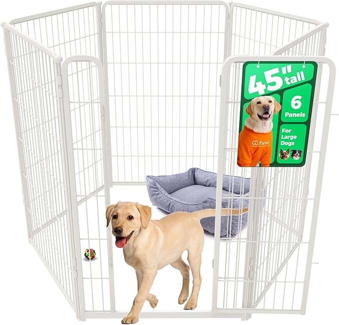FXW Homeplus Unleashed Indoor Dog Playpen - Stress-Free and Safe Play, Heavy Duty 45 Inch 6 Panels Dog Pen for Large Dogs, White│Patented
