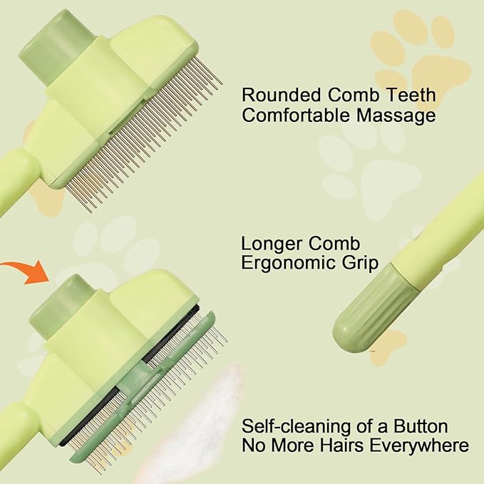 Dogs and Cats Comb with Release Button, Pet Hair Removal Tools with Safe Stainless Steel Teeth for Deshedding, Cat Grooming Supplies for Long/Short Hair, Cat Brush for Shedding, Green