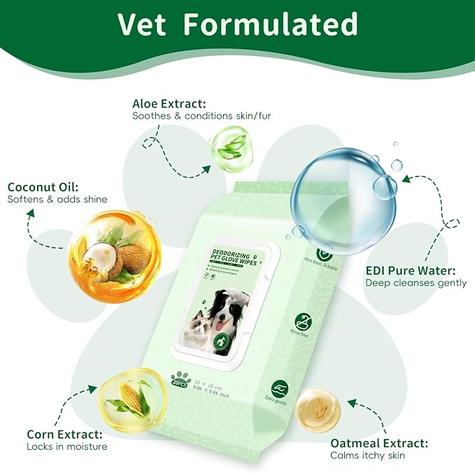 Pet Grooming Glove Wipes for Dogs & Cats, Hypoallergenic Deodorizing Cleansing Wipes with Coconut Oil & Botanical Extracts, 90 g Extra-Thick Gentle Wipes for Daily & Outdoor Care (20 Pcs)