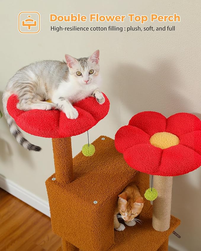 Cat Tree for Indoor Cats, 52.4" Tall Cat Tower with 2 Flower Perches, 2 Cozy Condos & 2 Sisal Scratching Posts - Multi-Level Kitty Climbing Furniture, Pet Playhouse for Adult Cats, Brown/Red