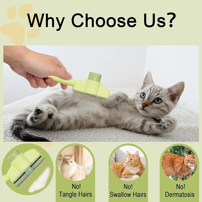 Dogs and Cats Comb with Release Button, Pet Hair Removal Tools with Safe Stainless Steel Teeth for Deshedding, Cat Grooming Supplies for Long/Short Hair, Cat Brush for Shedding, Green