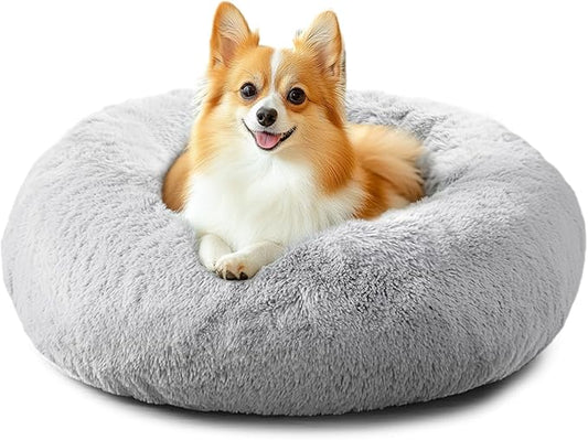 JOLLYVOGUE Calming Dog Bed for Small Dogs - 23 inches Donut Washable Small Dog Bed for Kittens & Puppies, Anti-Slip Round Fluffy Plush Faux Fur Cat Beds (Fits up to 25 lbs Pets, Grey)