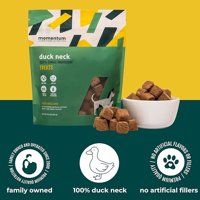 Momentum Carnivore Nutrition Freeze-Dried Duck Neck Dog Treats & Cat Treats – Single-Ingredient, High-Protein, Grain-Free, Natural Crunchy Chew – Made in USA – 3 oz Bag