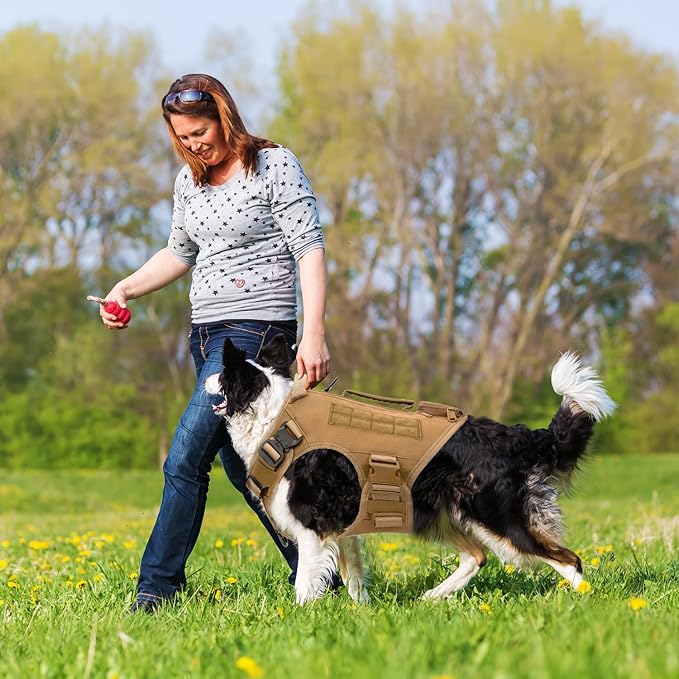 Tactical Dog Backpack Harness for Large Breed Original Design Metal Buckle Vest with Side Bags Pouches for Service Working Training (Khaki (Vest only), M)