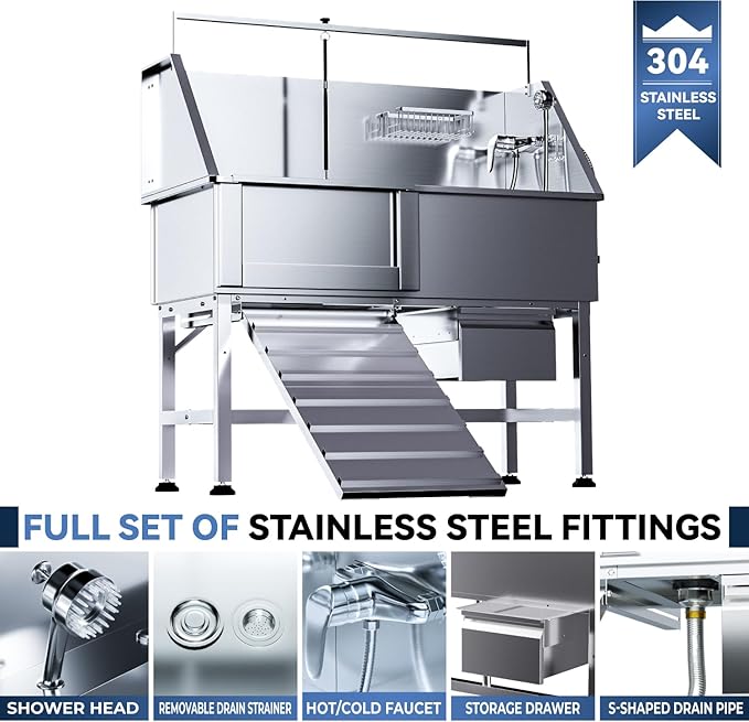 46" Dog Washing Station, Professional Stainless Steel Dog Bathtub for Large, Medium & Small Pet. Height Adjustable Grooming Tub W/Drawer, Ramp, Floor Grate & Fauct(Left Ramp)