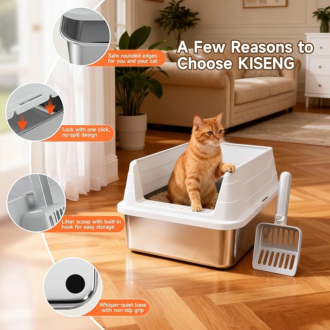 Stainless Steel Cat Litter Box, Odor Free Metal Litter Box with High Sides Lid, Open Top Low Entry Litter Pan Include Scoop Easy Cleaning Anti-Scratch Kitty Cat Box Anti-Urine Leakage, Non-Sticky
