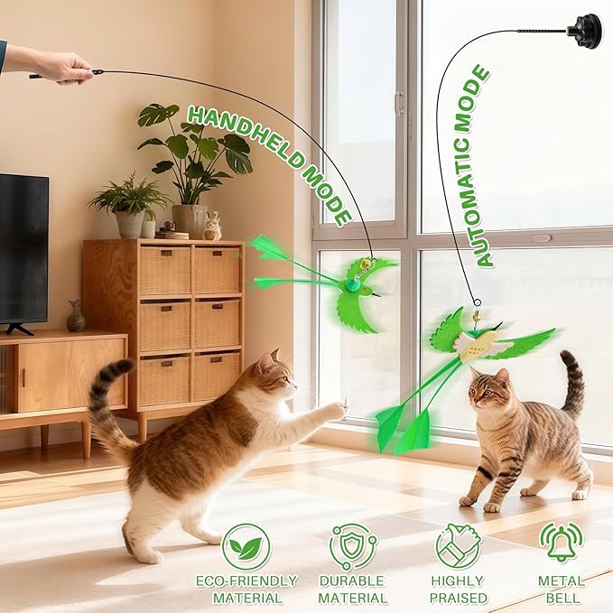 Cat Toys Interactive Teaser Wand, Long-Tailed Bird Attachment with Black Petal Suction Cup Base, Feather & Bird Toy for Solo Play, Encourages Physical Activity & Bonding Time for Cats & Kittens