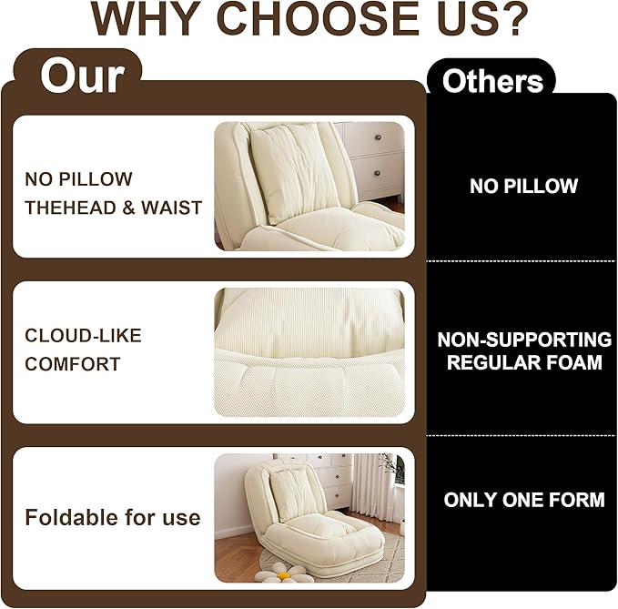 KEIKI Upholstered Human Dog Bed for Adults, Foldable Corduroy Lazy Sofa Bed with 5 Adjustable Positions and 2 Pillows, Giant Human Size Dog Bed for People, Off White