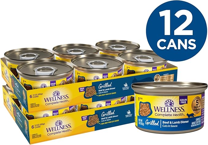 Wellness Complete Health Grilled, Adult Wet Cat Food, Natural, Protein-Rich, Grain-Free, Canned, 3 Ounce, 12 Pack, (Beef and Lamb Dinner Recipe)