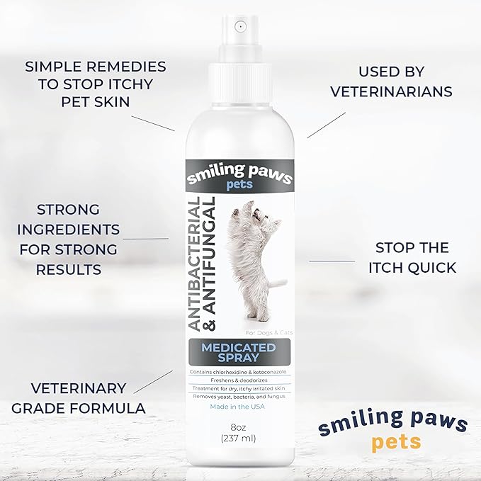 Smiling Paws Pets Advanced Chlorhexidine & Ketoconazole Spray for Cats & Dogs Spray 8oz