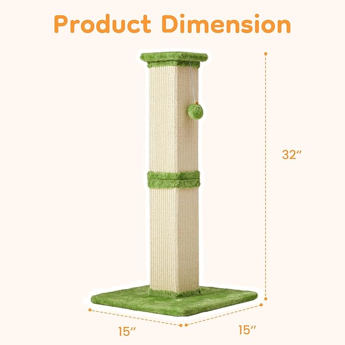 Indoor Cat Scratching Post: 32 In Tall Cat Scratcher with Natural Sisal Rope, Kitty Pet Tower with Sturdy Wood Base and Hanging Ball Toy, Great Gift for Small and Large kittens, LIght Green