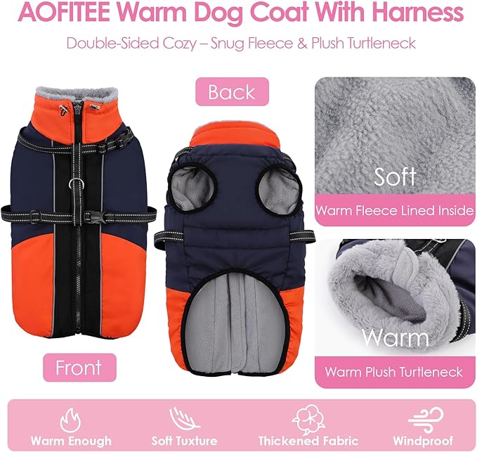 AOFITEE Small Dog Coat, Waterproof Dog Winter Jacket with Harness Built in, Warm Fleece Lined Dogs Jacket for Cold Weather, Reflective Pet Snow Jackets with Zipper for Yorkshire, Schnauzer,Blue S