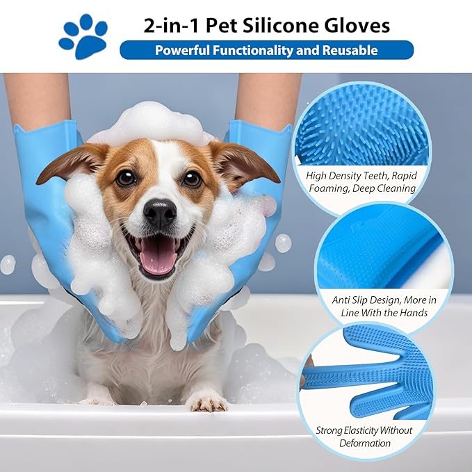 Dog Shampoo Brush, Dog Bath Brush, and Dog Washing Gloves | Essential Dog Bath Supplies and Pet Grooming Gloves for Dogs and Cats (1 Pair, Blue)