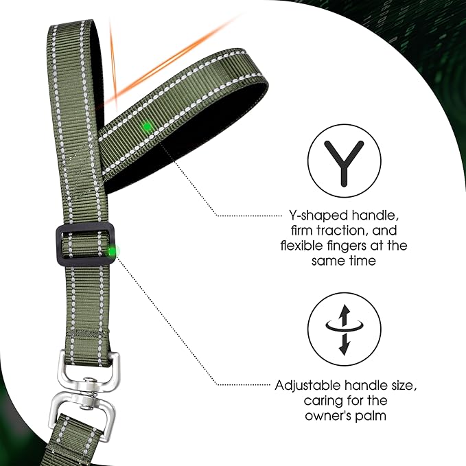 Hands-Free Dog Leash, Heavy Duty No-Pull Training Lead w/Anti-Tangle, Double Padded Traffic Handles Adjustable 5.5-6.2FT & Reflective Thread for Medium Large Dogs for Running/Walking Green