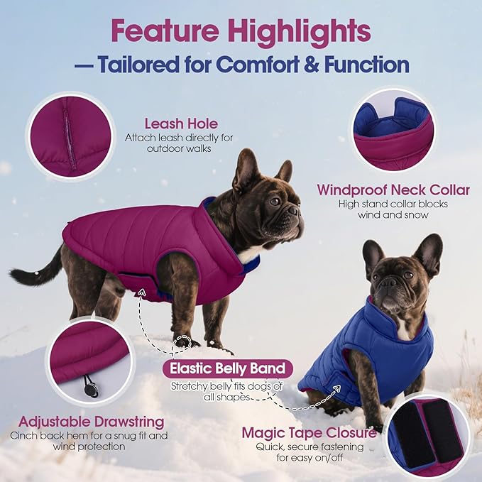 QBLEEV Reversible Dog Coat for Large Dogs, Waterproof Windproof Winter Jacket Keeps Big Breeds Warm & Dry, Adjustable Hook & Loop Puffer Vest, Purple, 3XL – Fits Labrador, Weimaraner, Great Dane