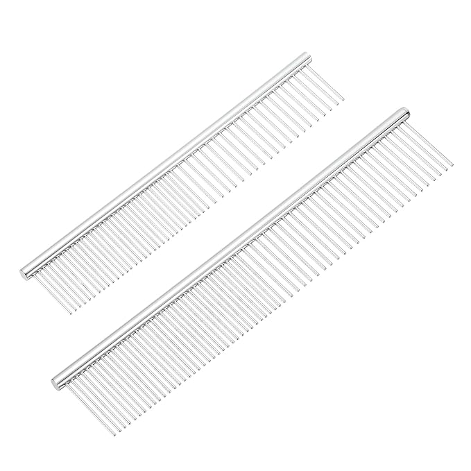 Dog Cat Comb, Pet Combs Stainless Steel Teeth with Rounded Ends for Knots Mats Loose Hair Removal, 6.5/7.5IN (Silver, 2 Pack), Grooming Tool Intended for Long Curly Hair Pet