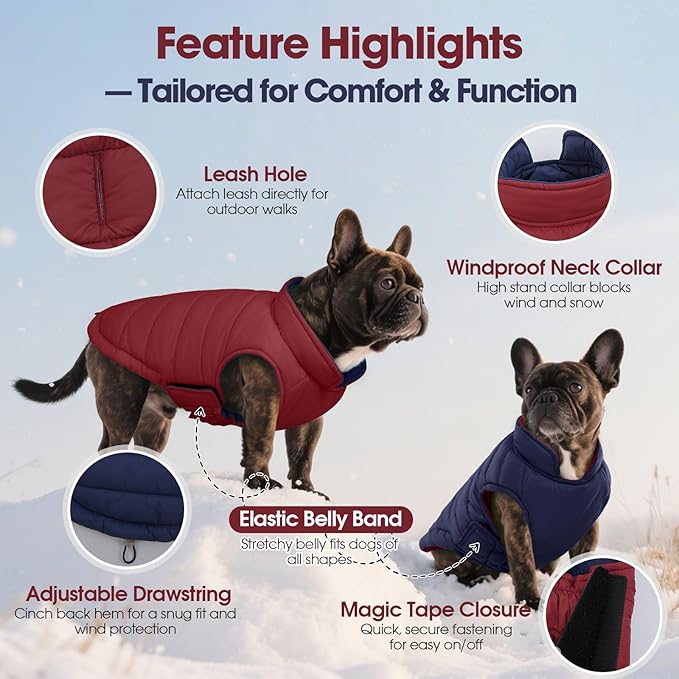 QBLEEV Reversible Dog Winter Coat, Waterproof Windproof Warm Jacket with Adjustable Hook & Loop Design, Lightweight Puffer Vest for Medium Dogs, Wine Red, M – Fits Pug, Beagle, Corgi