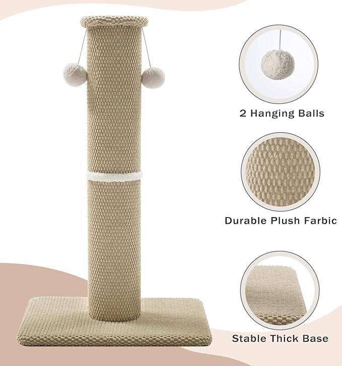 Made4Pets Tall Cat Scratching Post, 23.6" Modern Cat Scratcher with Hanging Balls, Heavy Duty and Thicker Scratching Post for Indoor Cats Adults, Sturdy Base Cat Scratch Post, Beige