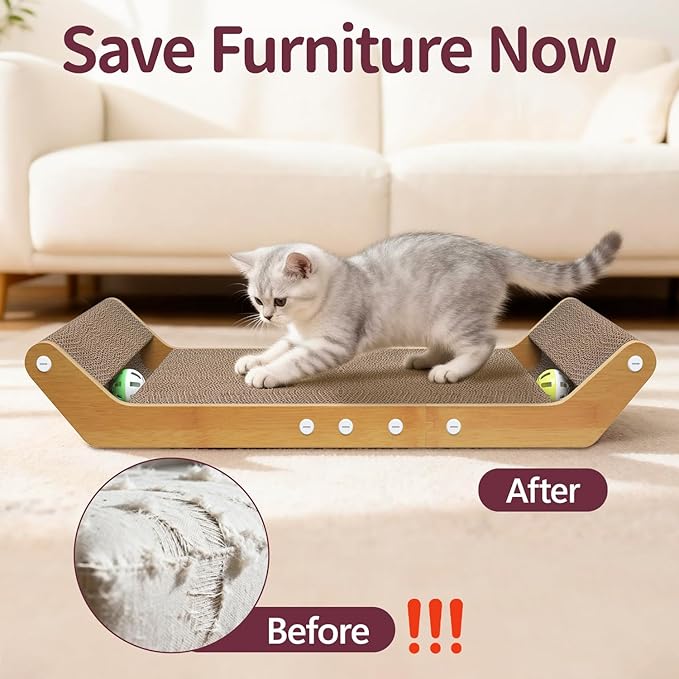 Modern Cat Scratcher Pad Cardboard for Indoor, 23.8" Scratching Lounger Board with Ball Track for Kittens & Large Cats, 3 in 1 Floor Horizontal Bed for Furniture Protection