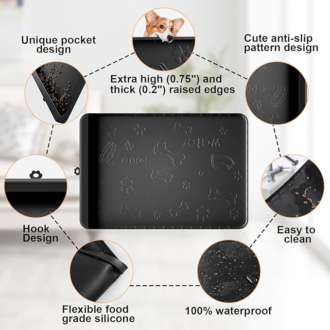 Dog Food Mat - Silicone Dog Mat for Food and Water - 36" x 24" Large Pet Feeding Mats with Residue Collection Pocket - Waterproof Cat Bowl Mat with High Edges to Prevent Water Food Spills (Black)