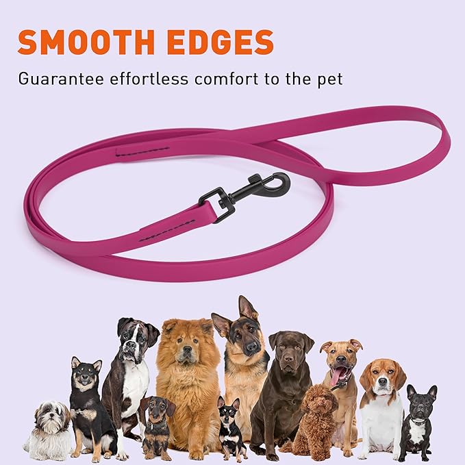 Dogline Biothane Waterproof Dog Leash Strong Coated Nylon Webbing with Black Hardware Odor-Proof Easy to Clean High Performance for Small or Large Dogs Made in USA 4 or 6 ft Lead, Magenta Pink