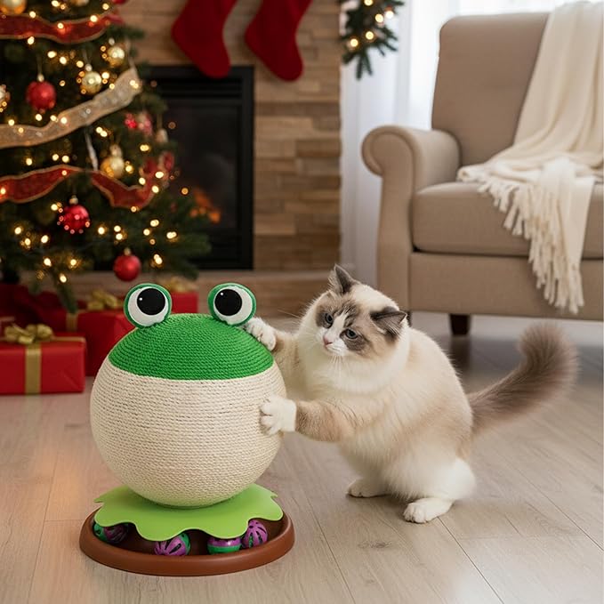 3-in-1 Modern Cat Ball Scratcher & Cat Toys for Indoor Cats/Kittens, Cute Orange/Frog/Bee Design with Bell Ball Track, Natural Sisal Cat Scratching Post, Space-Saving Interactive Cat Scratcher