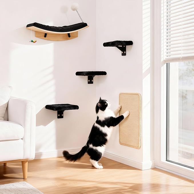 Cat Shelves for Wall，5 in 1 Cat Furniture Set with Soft Pad，Space-Saving Wall Mounted Shelves for Play & Rest