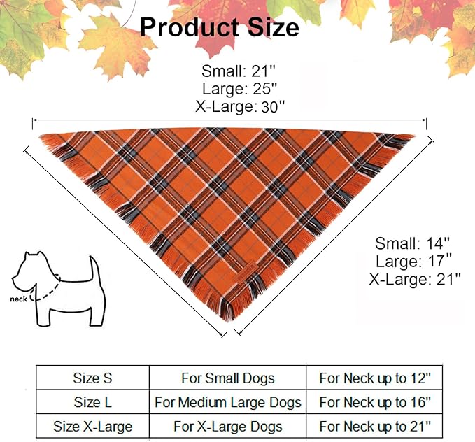 PTDECOR Fall Dog Bandanas with Tassels Edges, Orange and Brown Plaid Scarf Bib, Halloween Thanksgiving Autumn Pet Bandana, Reversible Triangle Bandanas for Extra Large Dogs (X-Large)