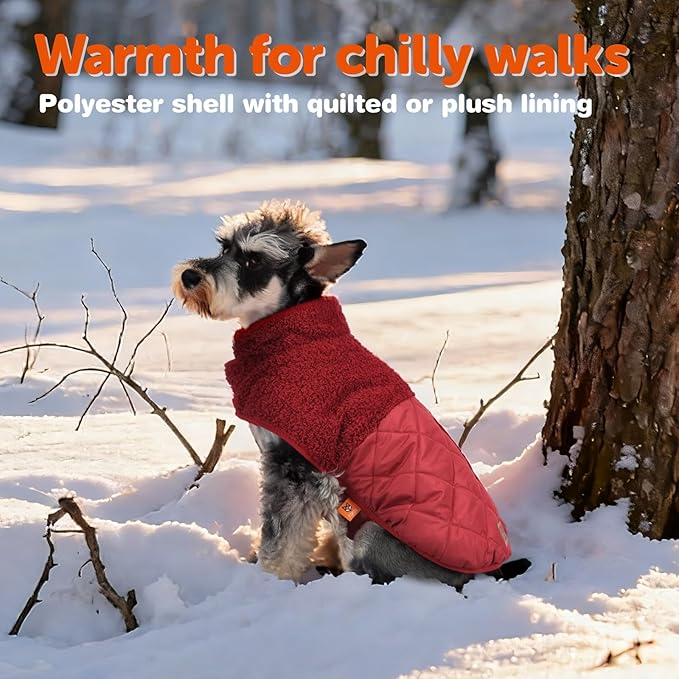 FOFOS Dog Winter Coat, Plush Dog Jacket with Leash Hole, Adjustable Warm Pet Snow Vest for Small Medium Dogs, Red, XL