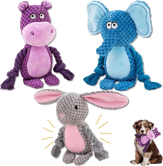 Plush Dog Toys, 3-Pack Variety Set with Squeaker, Crinkle Paper, Rope, Non-Toxic, Soft & Durable, Teething Puppy Toys- Farm Friends or Jungle Pals, 9.45 x 3.94 inches (Jungle Pals)