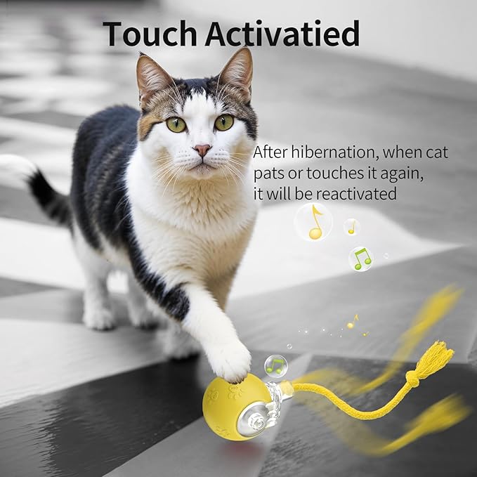 Interactive Cat Toys, Automatic Moving Cat Toys for Bored Indoor Adult Cats, Fast Rolling, Chirping & Motion-Activated Kitty Toys, Fun Gift for Cats with Speedy Tail 2.0, USB Rechargeable (Yellow)