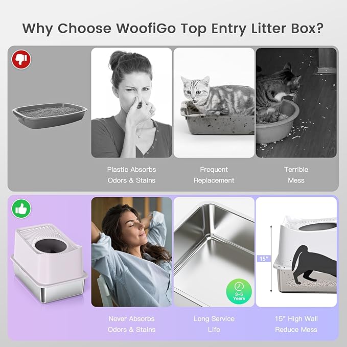 XL Stainless Steel Cat Litter Box Top Entry Extra Large Metal Litter Box with High Side for Big Cats, Multiple Cats, No Odor, Easy to Clean, Anti-Urine Leakage, Dog-Proof, Non-Sticky