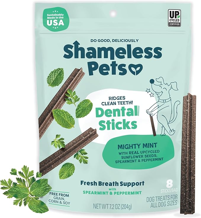 Shameless Pets Triple Mint Dental Chews for Dogs, 8 Chews - Natural Dog Teeth Cleaning Treats with Fresh Breath Benefits | Grain-Free Dental Sticks for Small, Medium & Large Dogs