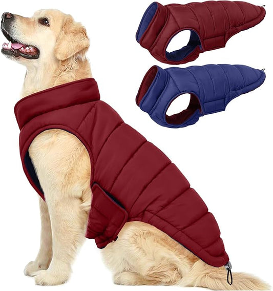 QBLEEV Reversible Dog Coat for Large Dogs, Waterproof Windproof Winter Jacket Keeps Big Breeds Warm & Dry, Adjustable Hook & Loop Puffer Vest, Wine Red, 3XL – Fits Labrador, Weimaraner, Great Dane